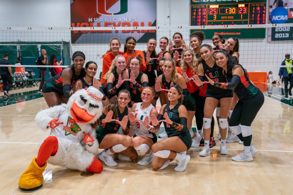 ‘Canes players celebrate their 3-1 win over Maryland in the Knight Sports Complex on Aug. 25, 2023.