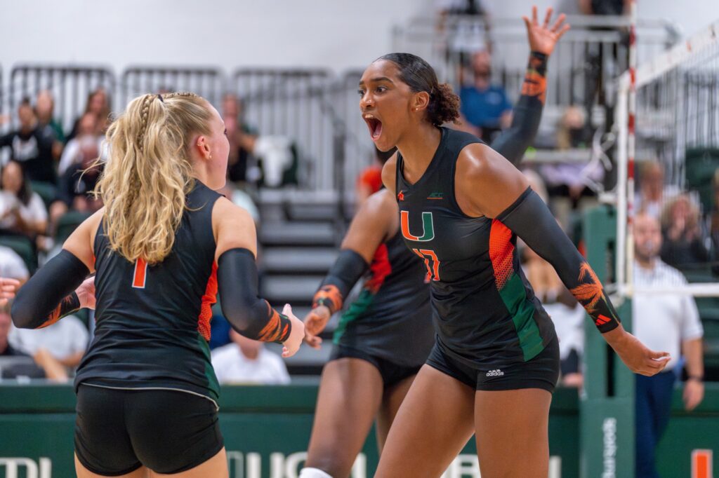 Graduate student middle blocker Janice Leao celebrates winning a point during the fourth set of Miami’s match versus Maryland in the Knight Sports Complex on Aug. 25, 2023.