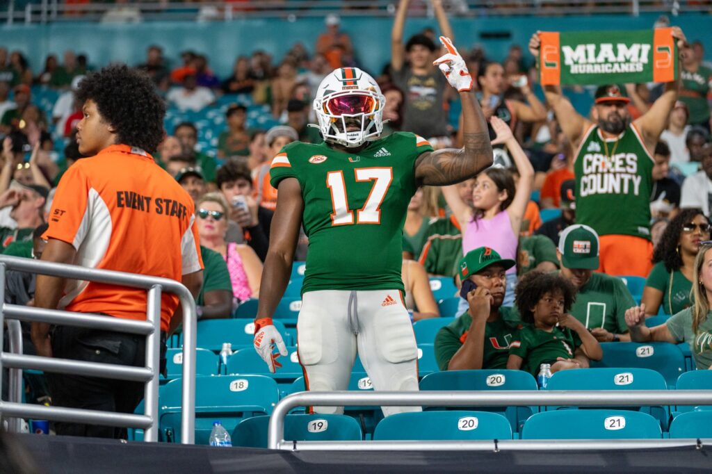 ‘Canes superfan Shelton Douthett shows his support from the stands in the second quarter of Miami’s game versus Bethune Cookman at Hard Rock Stadium on Sept. 14, 2023.