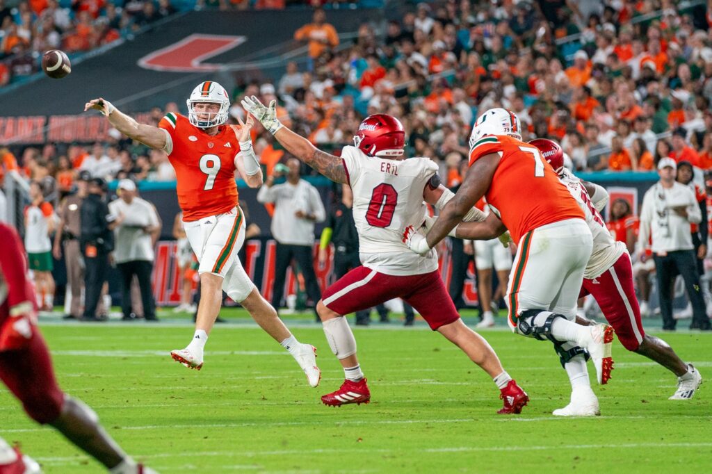 Fourth-year junior quarterback Tyler Van Dyke throws a jump-pass in the second quarter of Miami’s game versus Miami (OH) at Hard Rock Stadium on Sept. 1, 2023.