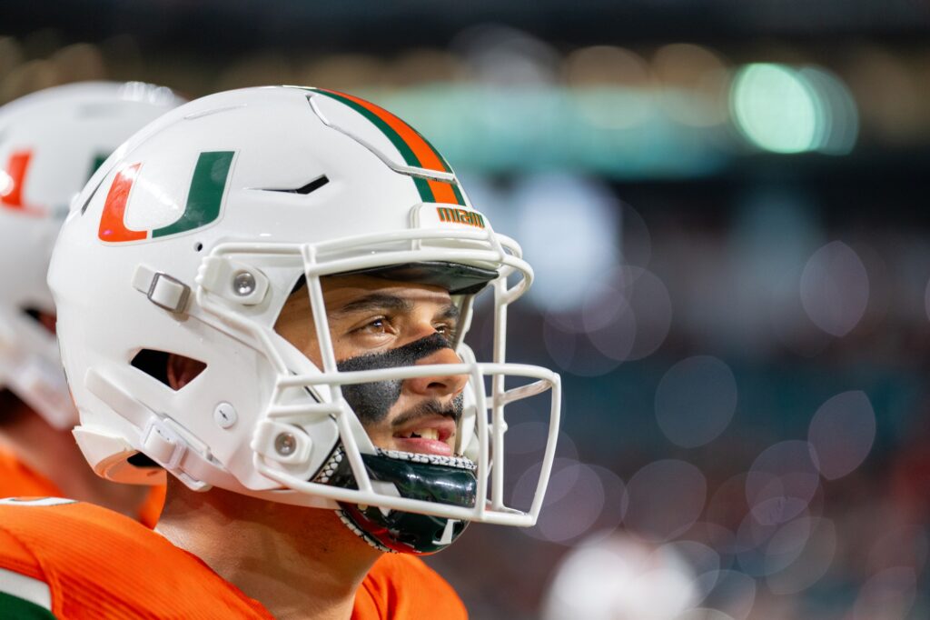 Junior kicker Andres Borregales stands on the sidelines before the start of the fourth quarter of Miami’s game versus Miami (OH) at Hard Rock Stadium on Sept. 1, 2023.