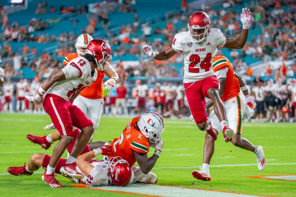 Fourth-year redshirt sophomore running back Donald Chaney, Jr. rushes for a 20-yard touchdown in the fourth quarter of Miami’s game versus Miami (OH) at Hard Rock Stadium on Sept. 1, 2023.
