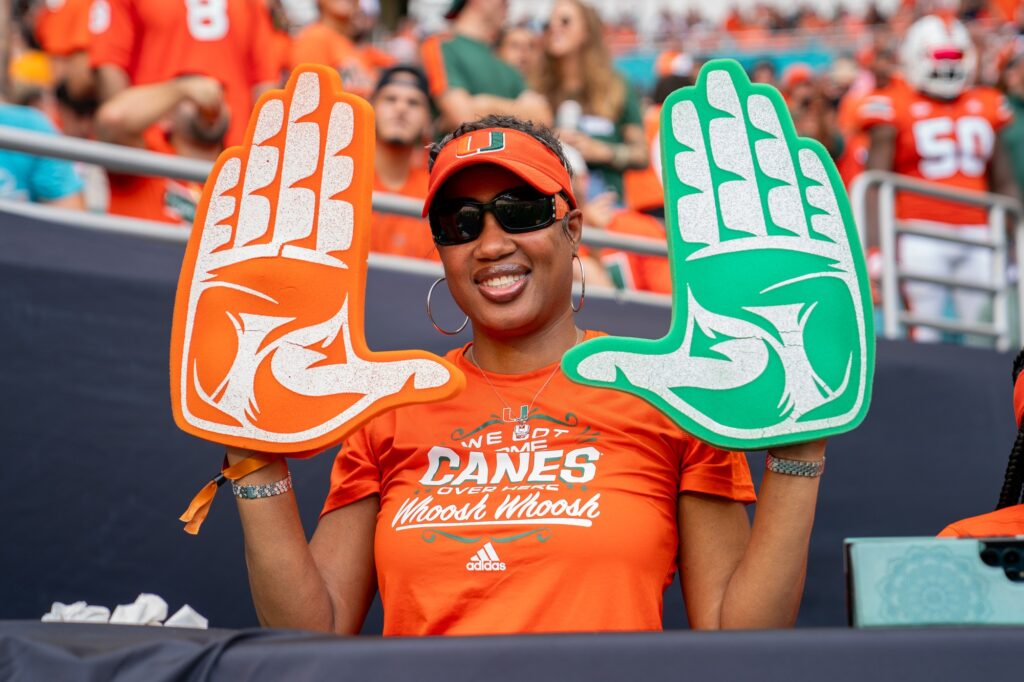 A ‘Canes fan throws up the U in the second quarter of Miami’s game versus Texas A&M at Hard Rock Stadium on Sept. 9, 2023.