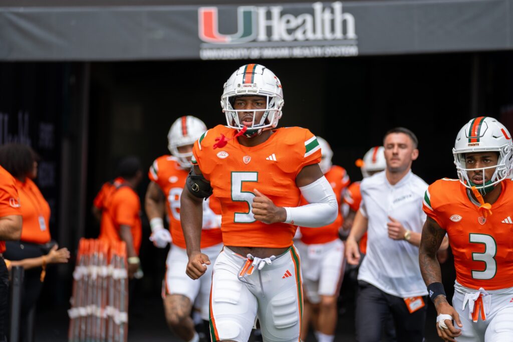 Junior safety Kamren Kinchens takes the field before Miami’s game versus Texas A&M at Hard Rock Stadium on Sept. 9, 2023.
