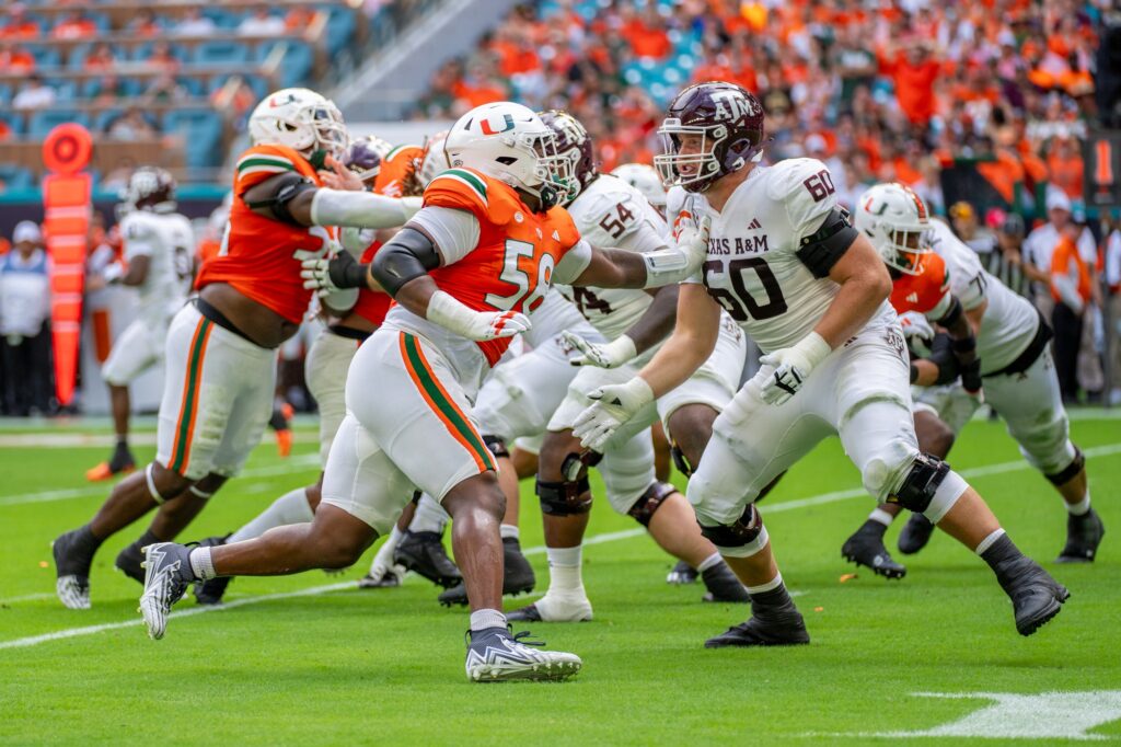 Sixth-year redshirt senior defensive lineman Branson Deen rushes the passer in the first quarter of Miami’s game versus Texas A&M at Hard Rock Stadium on Sept. 9, 2023.