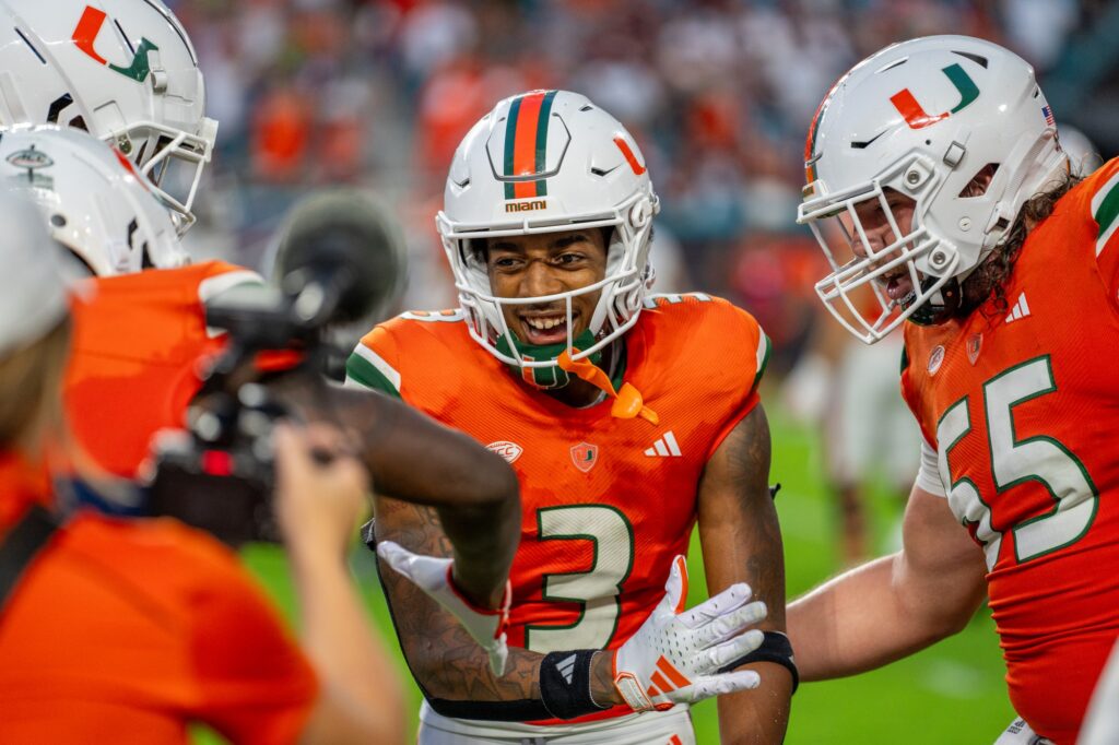 Junior wide receiver Jacolby George celebrates his touchdown with teammates in the fourth quarter of Miami’s game versus Texas A&M at Hard Rock Stadium on Sept. 9, 2023.