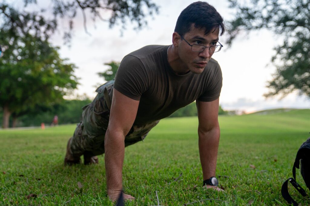 FIU Military Science 2 Cadet Lopez completes a workout at the halfway point of the 9.11 mile memorial ruck at Tropical Park on Sept. 11, 2023.