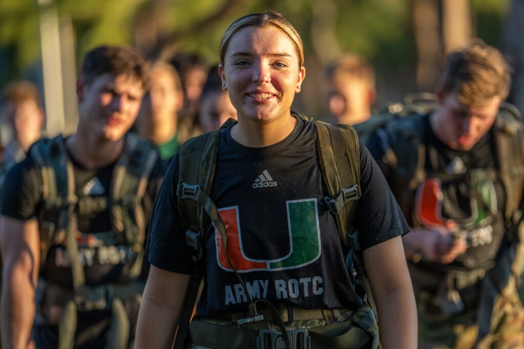 University of Miami Army ROTC cadet sophomore Bree Fish heads back to campus after a workout at the halfway point of the 9.11 mile UM Ruck to Remember at Tropical Park on Sept. 11, 2023.