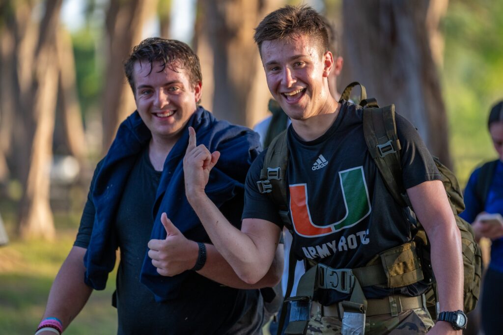 Participants head back to campus after a workout at the halfway point of the 9.11 mile UM Ruck to Remember at Tropical Park on Sept. 11, 2023.