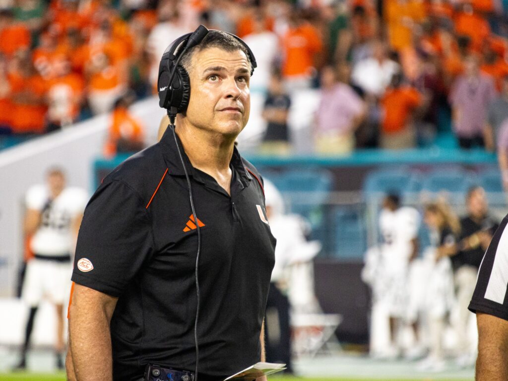 Head coach Mario Cristobal looks up at the scoreboard in the fourth quarter of Miami's game versus Texas A&M at Hard Rock Stadium on Sept. 9, 2023.