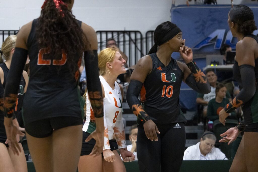 During the back-and-forth taunting between teams and after scoring a kill, sophomore Flormarie Heredia Colon shushes the Jacksonville University team during the three set sweep.