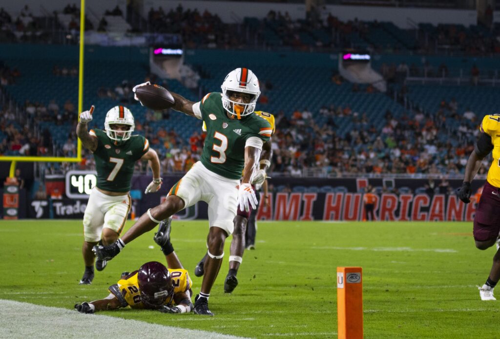 Junior wide receiver Jacolby George runs for a touchdown in the second quarter of Miami's game against Bethune-Cookman at Hard Rock Stadium on Sept. 14, 2023.
