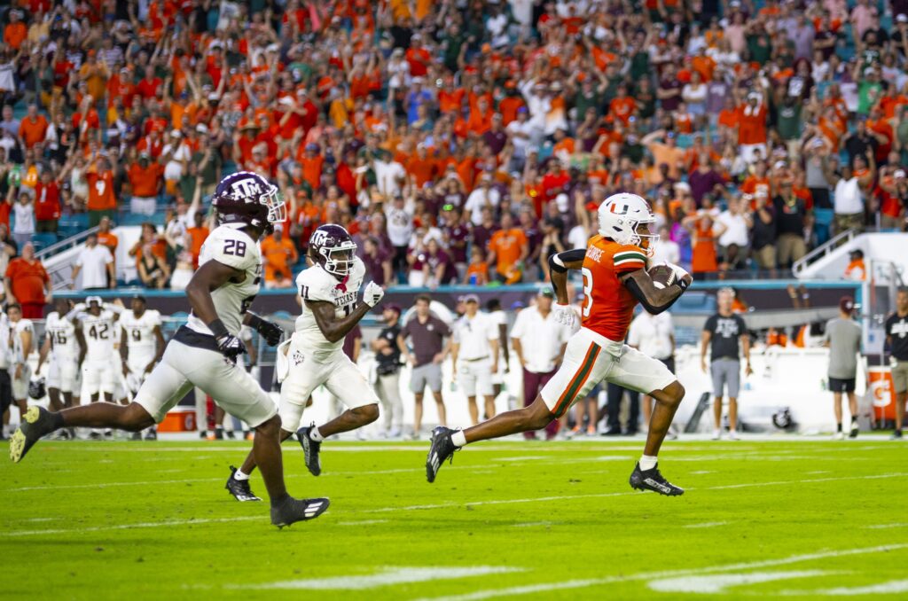 Junior wide receiver Jacolby George sprints for his second touchdown of the night in the fourth quarter of Miami's game against Texas A&M at Hard Rock Stadium on Sept. 9, 2023.