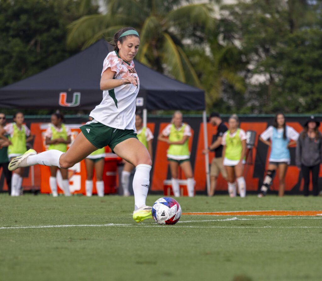 Freshman defender Emilie McCartney prepares a pass from midfield in the first half of the Hurricanes soccer match against Syracuse at Cobb Stadium on Sept. 15, 2023.