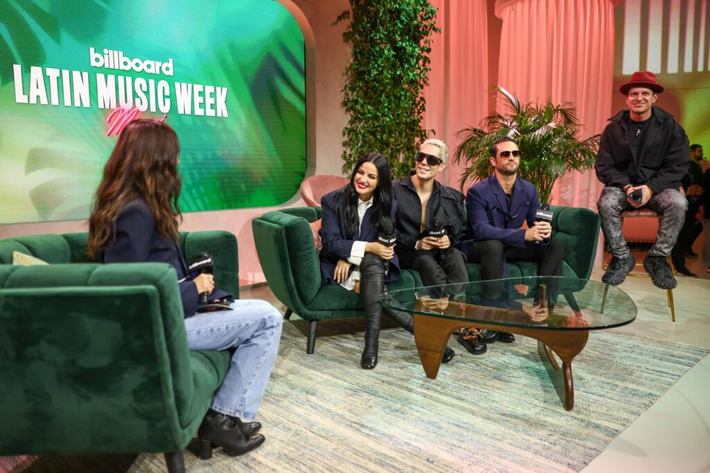Griselda Flores with Maite Perroni, Christian Chávez and Christopher von Uckermann of RBD and Guillermo Rosas onstage at Billboard Latin Music Week held at Faena Forum on Oct. 4, 2023 in Miami Beach, Florida.