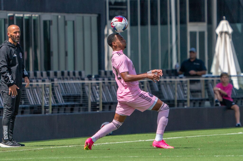 Miami defender Israel Boatwright controls the ball in the first half of Inter Miami II’s match versus New York City FC II at DRV PNK Stadium on Sept. 24, 2023.