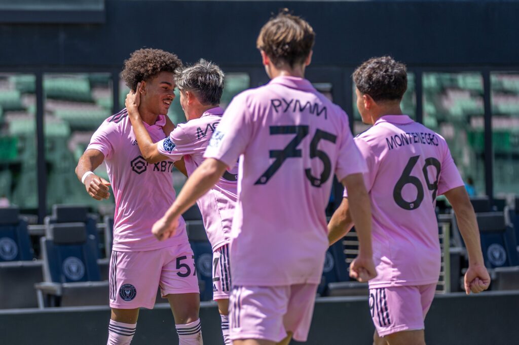 Miami forward Miles Perkovich celebrates his goal with teammates in the first half of Inter Miami II’s match versus New York City FC II at DRV PNK Stadium on Sept. 24, 2023.