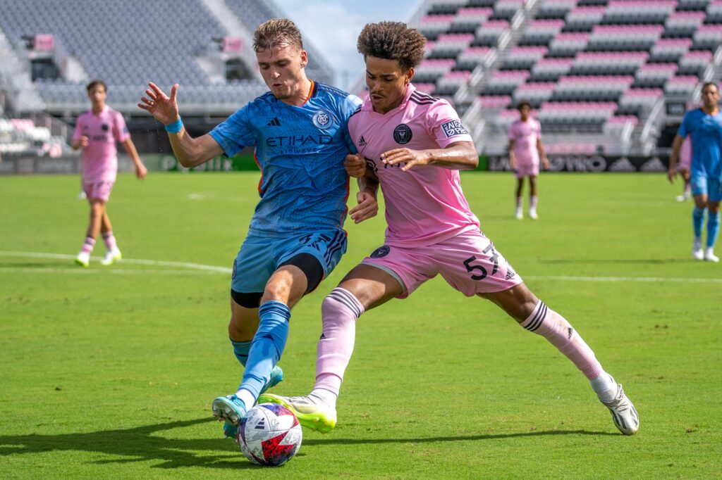 Miami midfielder Miles Perkovich fights for the ball in the second half of Inter Miami II’s match versus New York City FC II at DRV PNK Stadium on Sept. 24, 2023.
