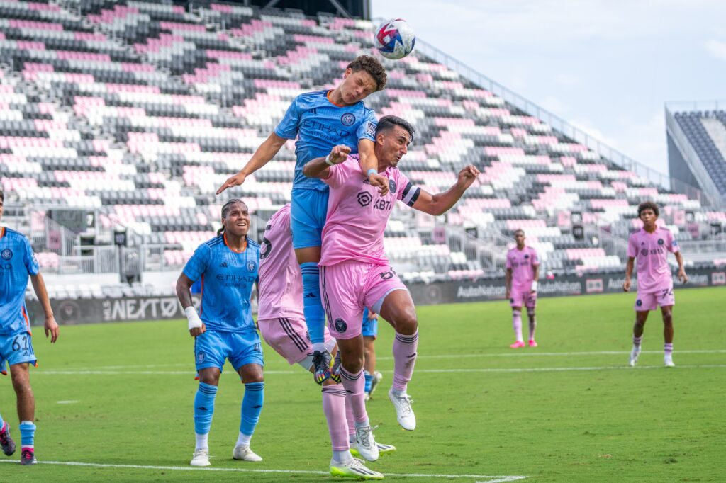 Miami defender Farid Sir-Sar goes up for the header in the second half of Inter Miami II’s match versus New York City FC II at DRV PNK Stadium on Sept. 24, 2023.