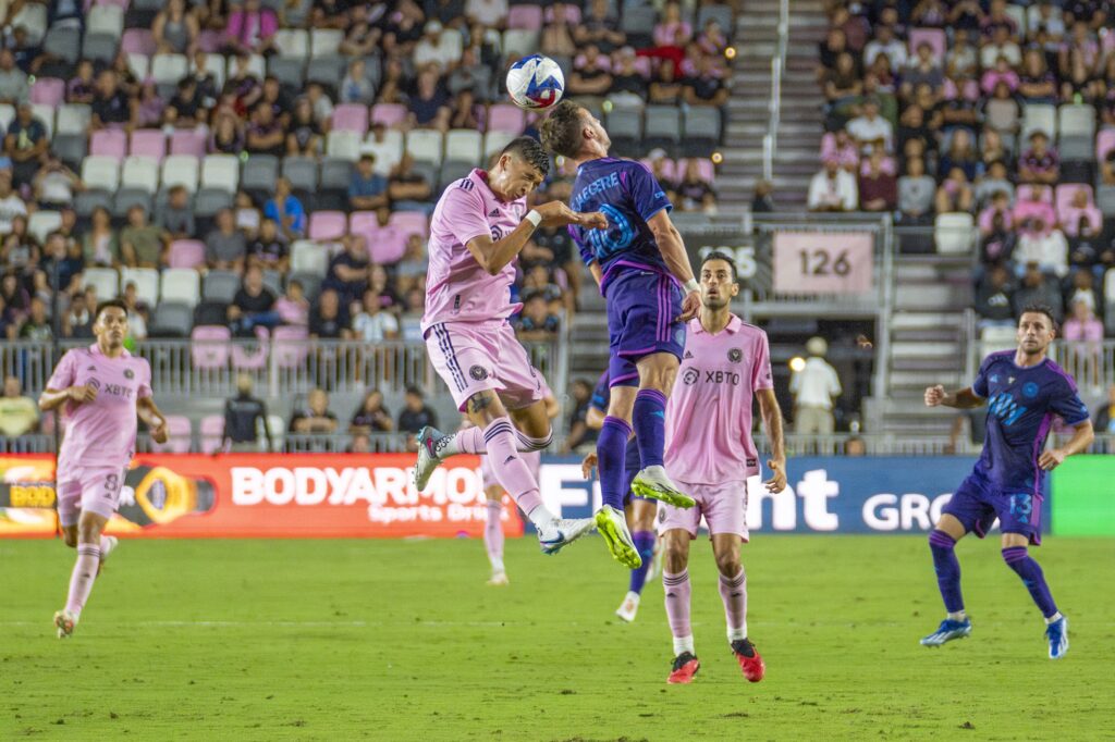 Miami defender Tomás Avilés goes up for a header in the first half of Inter Miami’s match versus Charlotte FC at DRV PNK Stadium on Oct. 18, 2023.