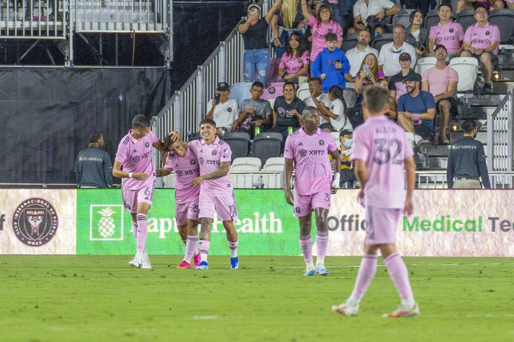 Miami midfielder Nicolás Stefanelli celebrates his goal with teammates in the sixth minute of the first half’s stoppage time of Inter Miami’s match versus Charlotte FC at DRV PNK Stadium on Oct. 18, 2023.