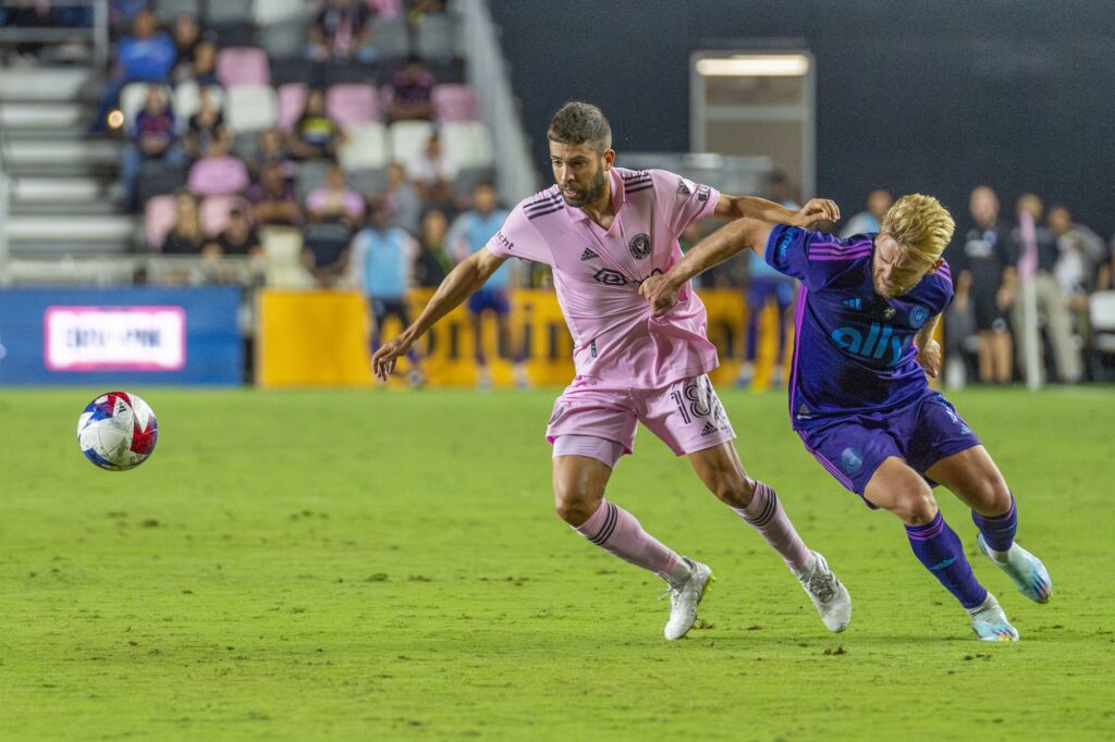 Miami defender Jordi Alba fights for possession in the second half of Inter Miami’s match versus Charlotte FC at DRV PNK Stadium on Oct. 18, 2023.