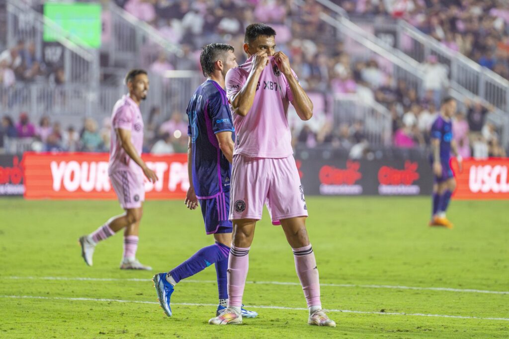 Miami midfielder Diego Gomez reacts to missing a shot in the second half of Inter Miami’s match versus Charlotte FC at DRV PNK Stadium on Oct. 18, 2023.