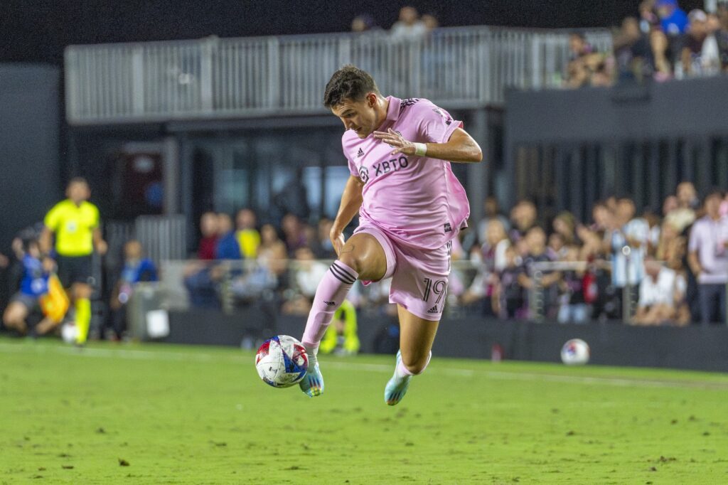 Miami forward Robbie Robinson stops the ball in the second half of Inter Miami’s match versus Charlotte FC at DRV PNK Stadium on Oct. 18, 2023.