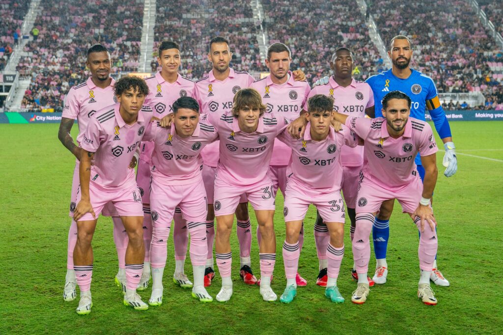 The Inter Miami staring XI pose before the start of their match versus New York City FC at DRV PNK Stadium on Sept. 30, 2023.