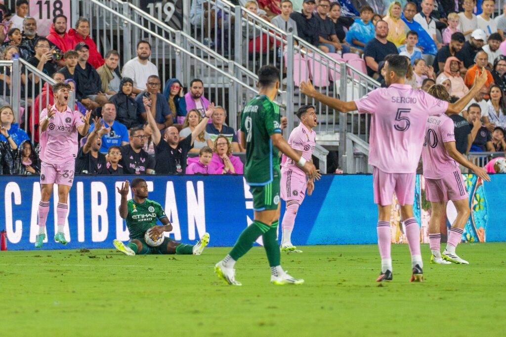 Inter Miami players complain about a call in the first half of Inter Miami’s match versus New York City FC at DRV PNK Stadium on Sept. 30, 2023.