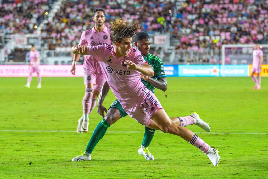 Miami midfielder Benjamin Cremaschi trips in the second half of Inter Miami’s match versus New York City FC at DRV PNK Stadium on Sept. 30, 2023.