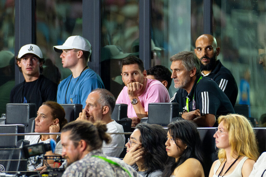 Injured Miami forward Lionel Messi watches on in the second half of Inter Miami’s match versus New York City FC at DRV PNK Stadium on Sept. 30, 2023.