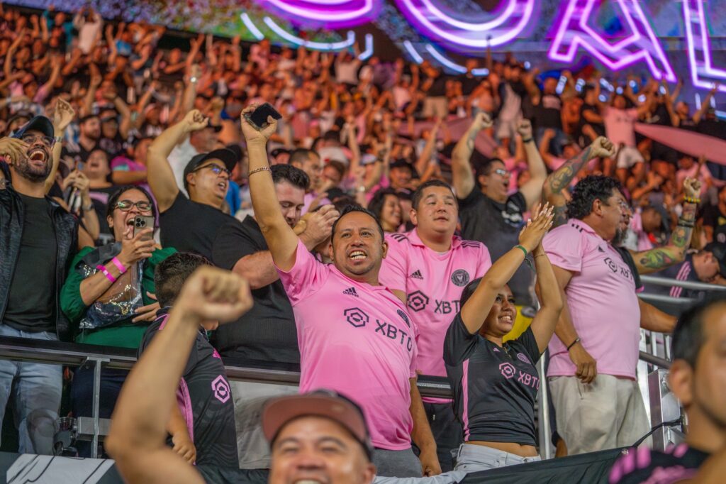 Fans celebrate Miami defender Tomás Avilés’s equalizing goal in the final minutes of Inter Miami’s match versus New York City FC at DRV PNK Stadium on Sept. 30, 2023.