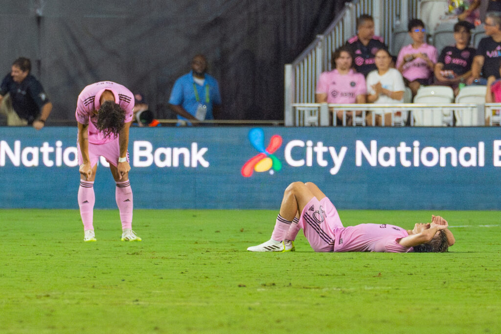 Miami players catch their breath after failing to win in stoppage time of Inter Miami’s match versus New York City FC at DRV PNK Stadium on Sept. 30, 2023.