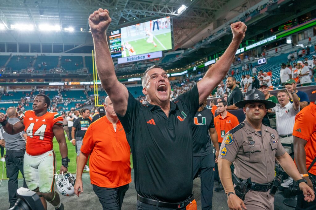 Head coach Mario Cristobal celebrates Miami’s double overtime 28-20 win over Clemson at Hard Rock Stadium on Oct. 21, 2023.