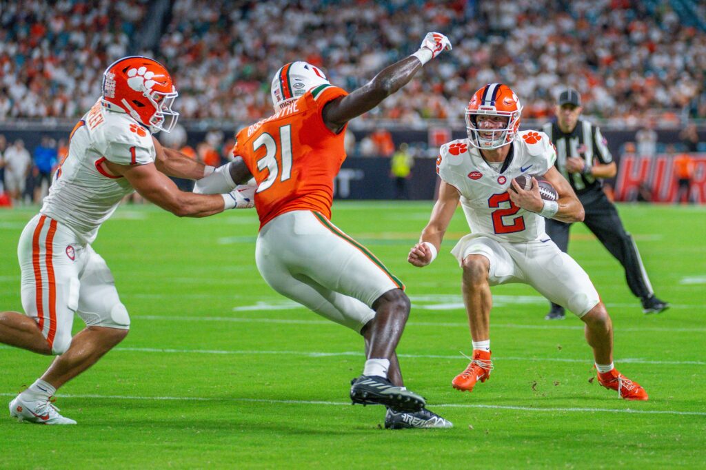 Clemson sophomore quarterback Cade Klubnik cuts towards the endzone in the first quarter of Miami’s game versus Clemson at Hard Rock Stadium on Oct. 21, 2023.