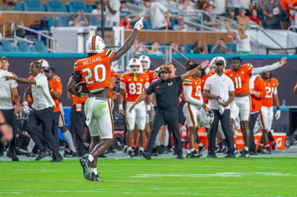 Junior safety James Williams indicates that the ‘Canes have possession in the first quarter of Miami’s game versus Clemson at Hard Rock Stadium on Oct. 21, 2023.