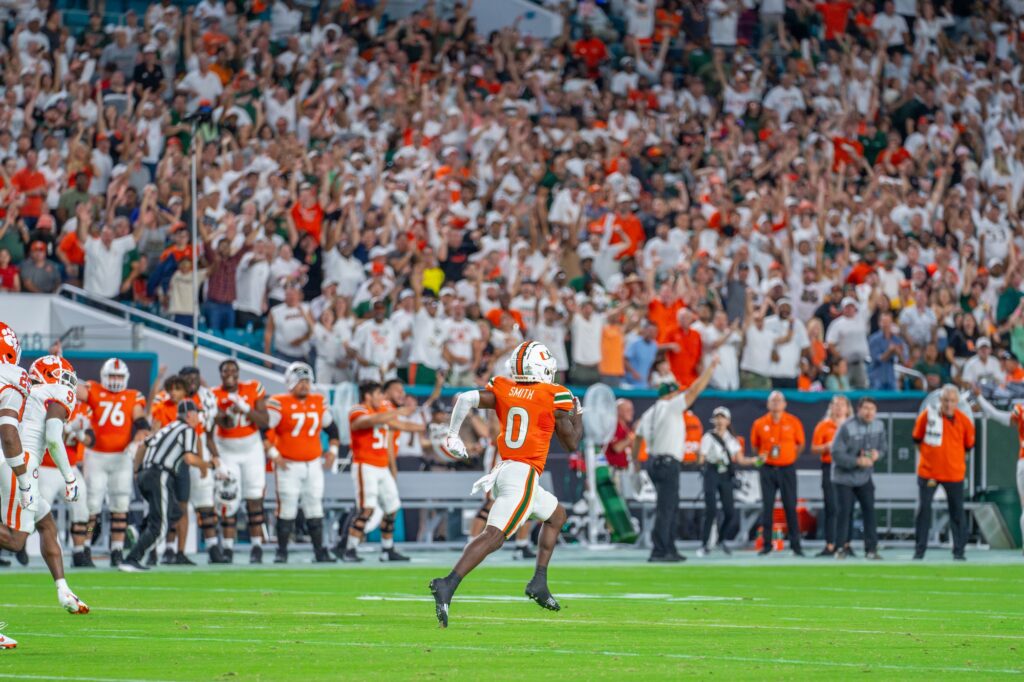 Junior wide receiver Brashard Smith runs for a touchdown in the first quarter of Miami’s game versus Clemson at Hard Rock Stadium on Oct. 21, 2023.