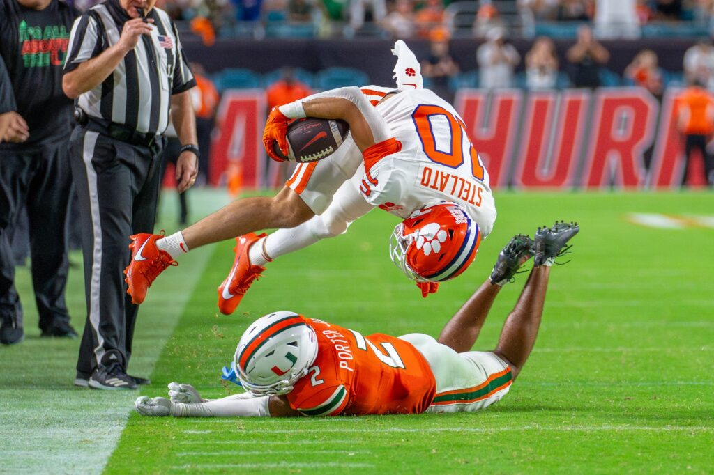 Fourth-year junior defensive back Daryl Porter, Jr. makes a tackle in the first overtime of Miami’s game versus Clemson at Hard Rock Stadium on Oct. 21, 2023.