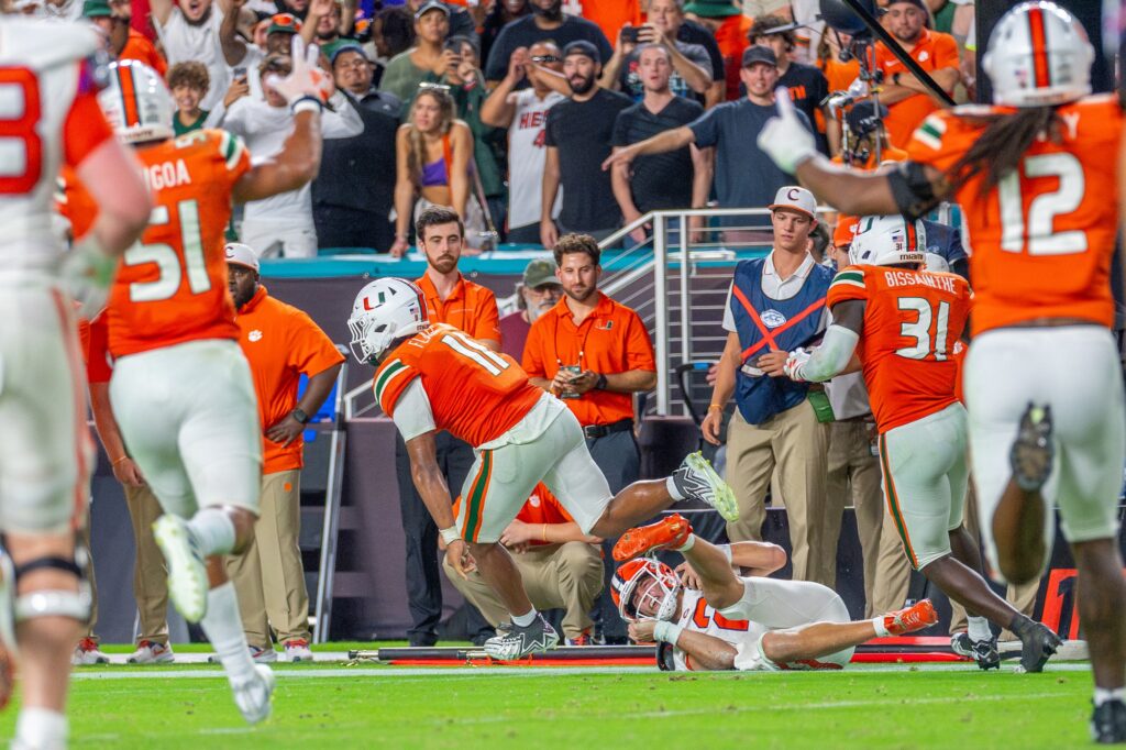 Fourth-year junior linebacker Corey Flagg, Jr. makes a game-winning tackle in the second overtime period of Miami’s game versus Clemson at Hard Rock Stadium on Oct. 21, 2023.