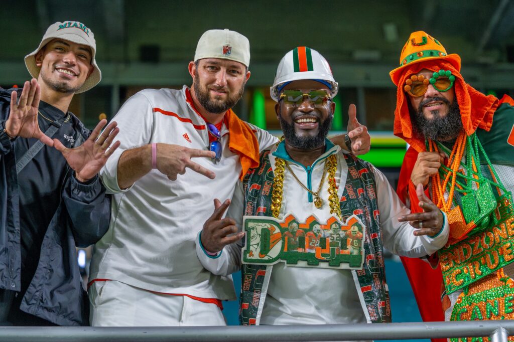 ‘Canes fans celebrate Miami’s 28-20 win over Clemson at Hard Rock Stadium on Oct. 21, 2023.