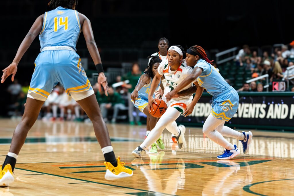 Junior guard Jasmyne Roberts drives into the paint in Miami's win over Southern U. at the Watsco Center on Friday, Nov. 17.