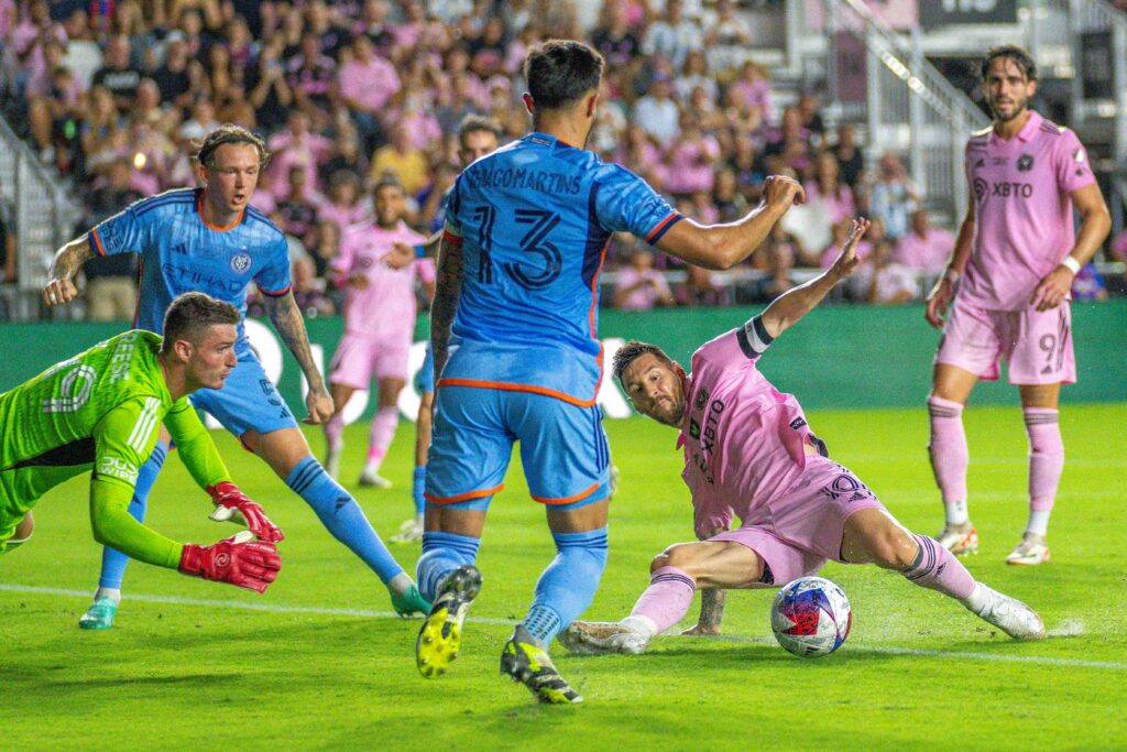 Miami forward Lionel Messi takes a shot in the first half of Miami’s friendly match versus New York City FC at DRV PNK Stadium on Nov. 10, 2023.