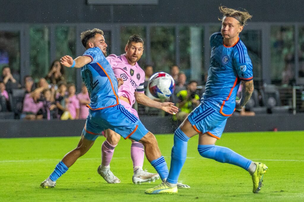 Miami forward Lionel Messi takes a shot in the first half of Miami’s friendly match versus New York City FC at DRV PNK Stadium on Nov. 10, 2023.