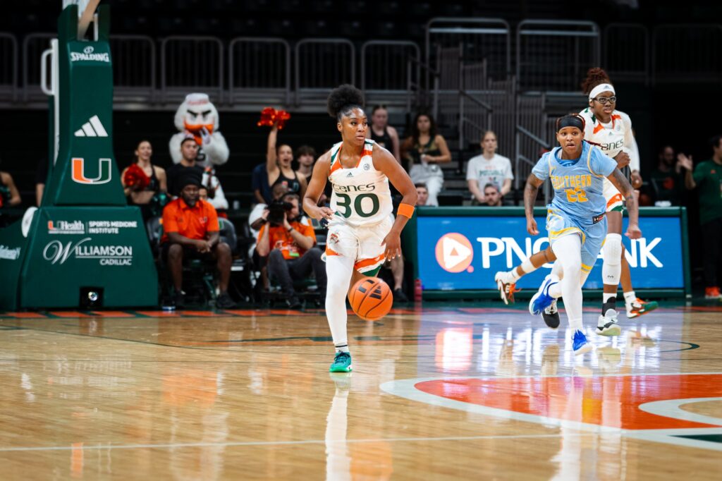 Junior guard Shayeann Day-Wilson dribbles the ball on a fastbreak in Miami's win over Southern U. at the Watsco Center on Friday, Nov. 17.