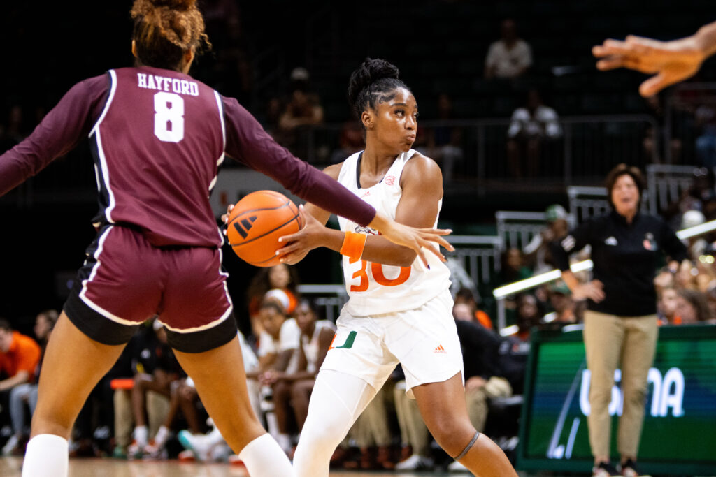 Recent transfer student, junior Shayeann Day-Wilson finishes the blowout win against Fordham with seven points and six assists on November 12, 2023.