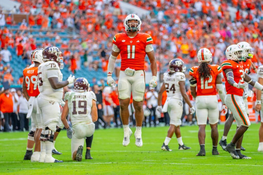 Fourth-year junior linebacker Corey Flagg, Jr. celebrates a defensive stop in the third quarter of Miami’s game versus Texas A&M at Hard Rock Stadium on Sept. 9, 2023.