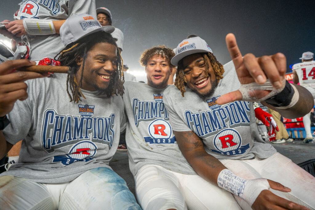 Rutgers players celebrate their 31-24 win over Miami in the Pinstripe Bowl at Yankee Stadium on Dec. 28, 2023.