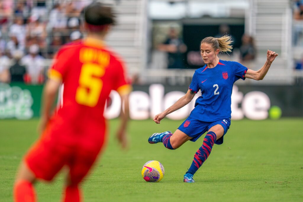 Defender Abby Dahlkemper passes in the first half of the USWNT match versus China PR at DRV PNK Stadium on Dec. 2, 2023.