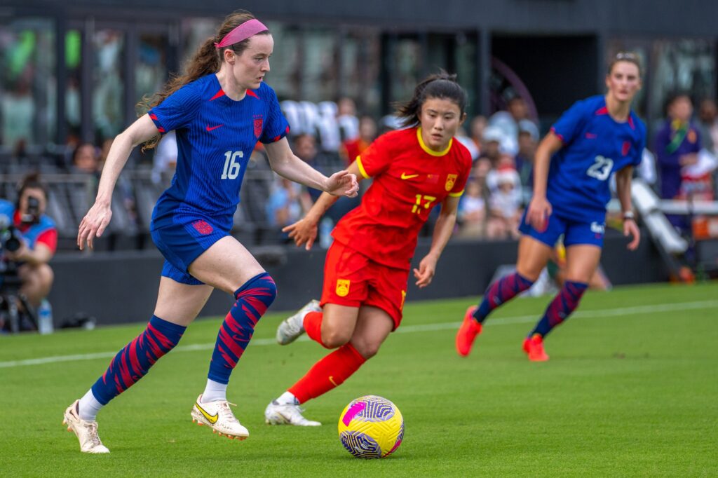 Forward Rose LaVelle dribbles towards goal in the first half of the USWNT match versus China PR at DRV PNK Stadium on Dec. 2, 2023.